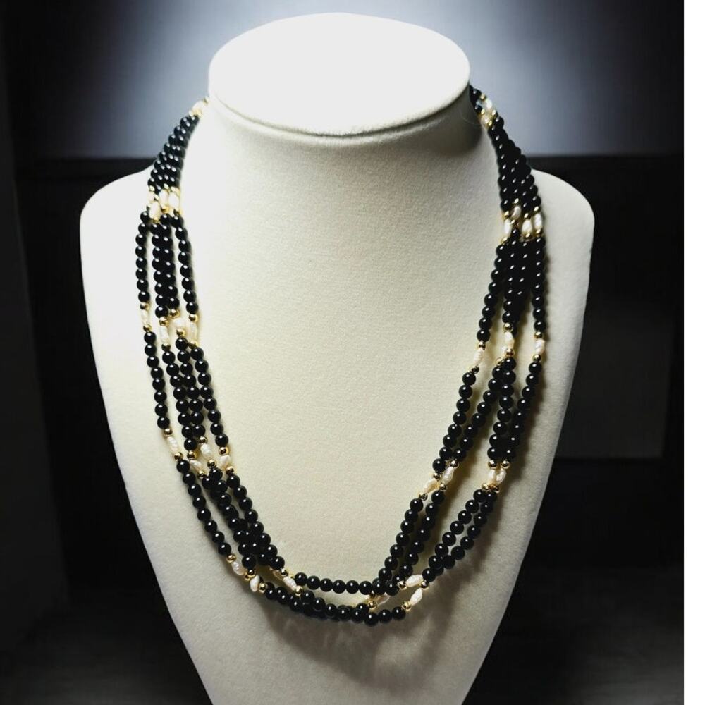 Black Beaded Multi Strand Necklace Rice Pearl Gold Accent Layered - Modern Chic